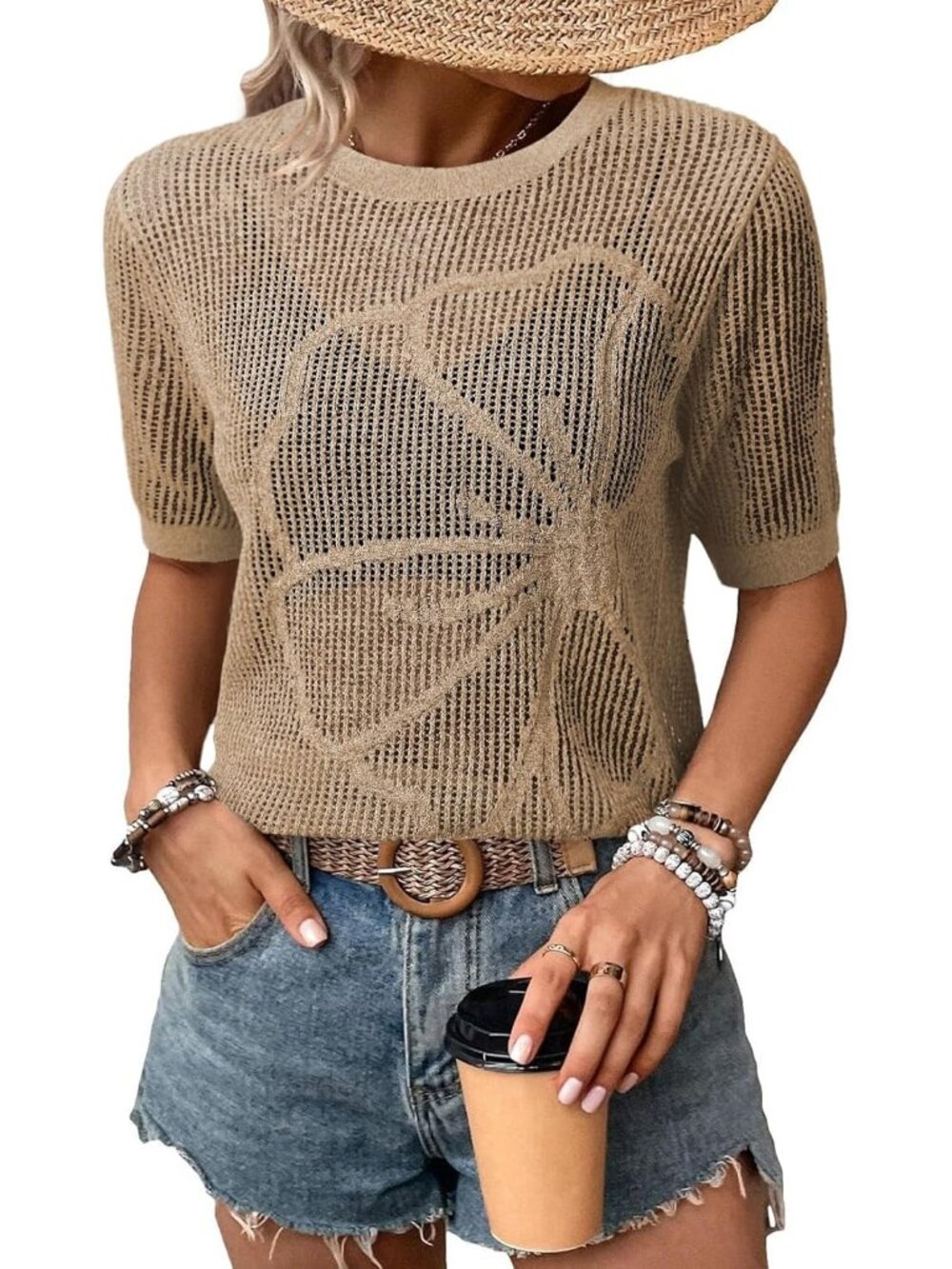 Women Khaki Summer Short Hollow Out Floral Sweaters Beach Vacation Cruise Tops